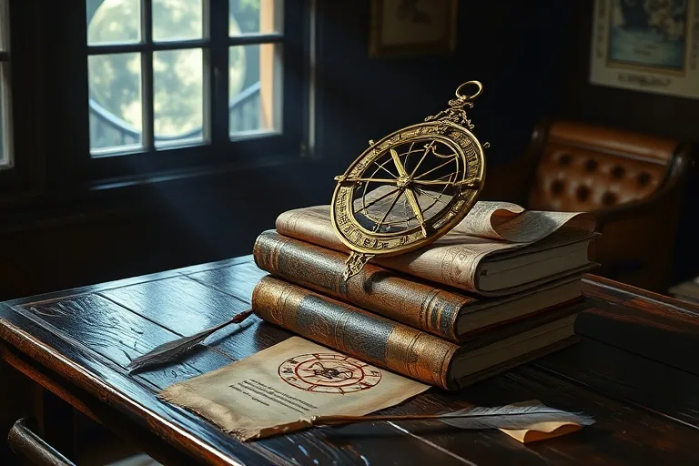 Fotografía cinematográfica de un astrolabio antiguo sobre libros de cuero, iluminado por la luna, con pergaminos y una pluma, creando sombras dramáticas y detalles intrincados.
