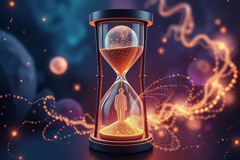Arte conceptual de un reloj de arena estilizado con arena cósmica fluyendo de una esfera celestial a una silueta humana, rodeado de órbitas planetarias abstractas y polvo estelar.