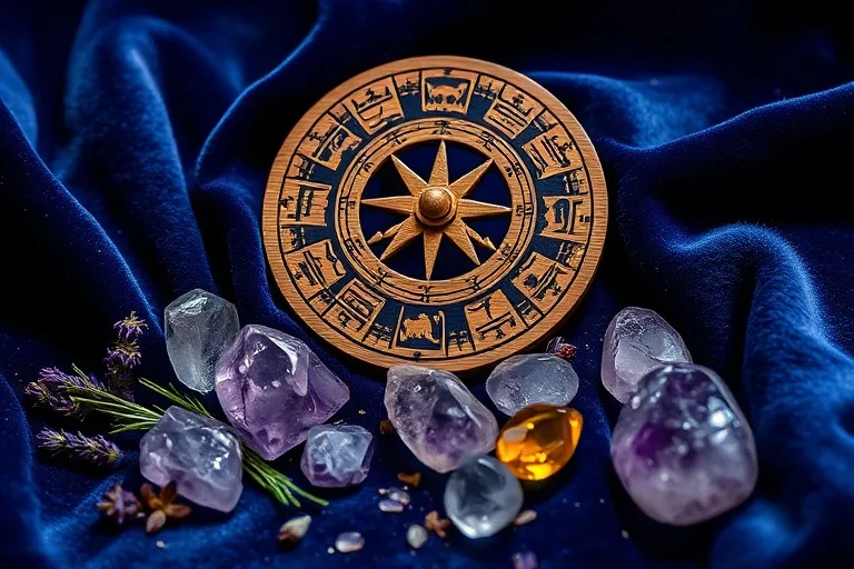 Fotografía de bodegón de cristales pulidos como amatista y citrino, dispuestos sobre una tela de terciopelo con hierbas secas y una rueda zodiacal de madera.