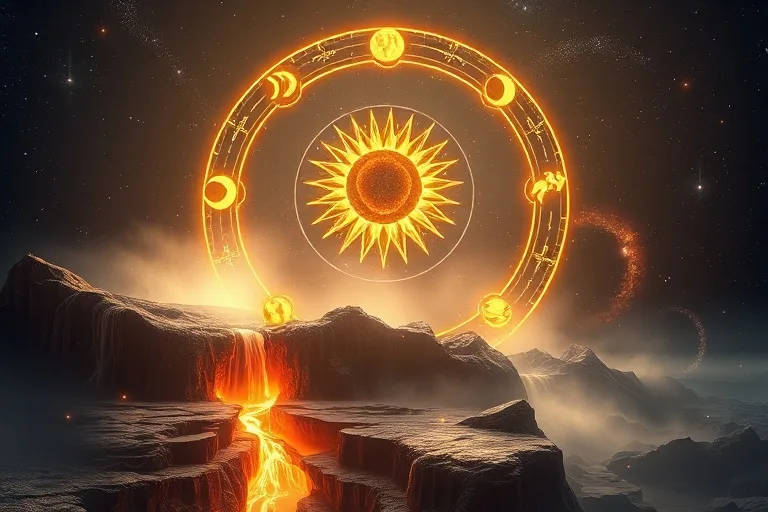 Renderizado 3D de antiguos símbolos planetarios en metal, flotando sobre un paisaje que representa los cuatro elementos astrológicos: fuego, agua, tierra y aire, con un fondo oscuro y místico.