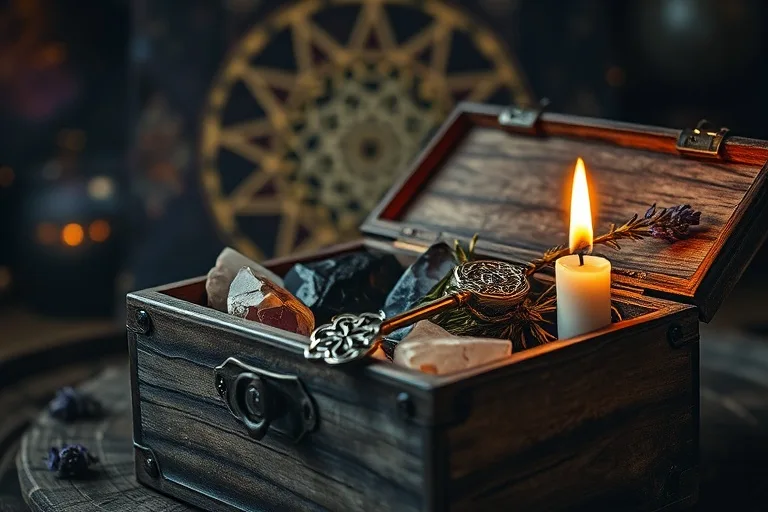 Naturaleza muerta cinematográfica de una caja de madera antigua, con piedras, hierbas, una llave de plata y una vela parpadeante.