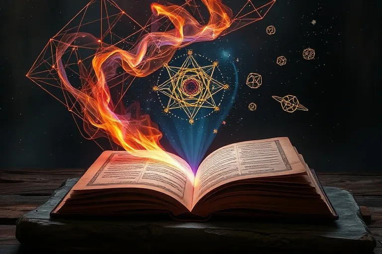 Arte conceptual de un vórtice de luz y color emanando de un libro antiguo abierto, con líneas de energía abstractas conectando a símbolos geométricos flotantes.