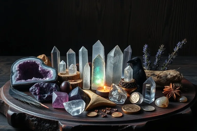 Fotografía de bodegón cinematográfica de cristales, hierbas secas y otros elementos naturales sobre un altar de madera rústica.