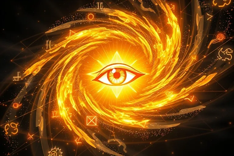 Arte conceptual abstracto de un vórtice de energía dorada y plateada con un ojo estilizado en el centro, rodeado de símbolos mágicos.