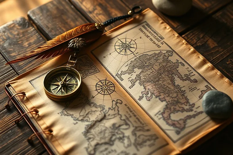 Fotografía cinematográfica de naturaleza muerta de un diario antiguo de cuero abierto con un mapa dibujado a mano, junto a él una brújula de latón vintage, una pluma de águila de madera tallada intrincadamente y una pequeña piedra de río lisa, todo bañado en una luz suave y cálida sobre una mesa de madera rústica.