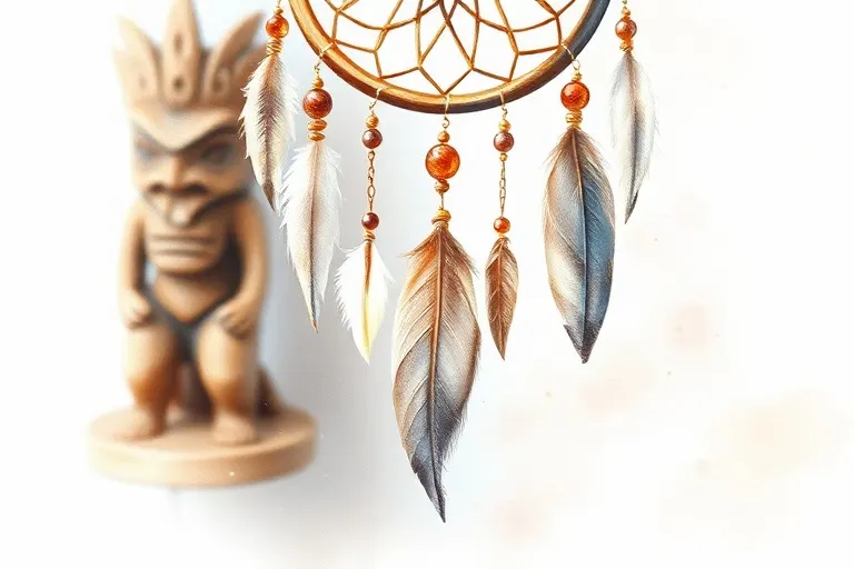 Pintura acuarela de un atrapasueños adornado con varias plumas y cuentas, colgando suavemente, con cristales suaves y translúcidos esparcidos alrededor de su base, y una talla de tótem de madera estilizada y borrosa en el fondo, todo en tonos tierra y pasteles, creando una atmósfera serena y espiritual.