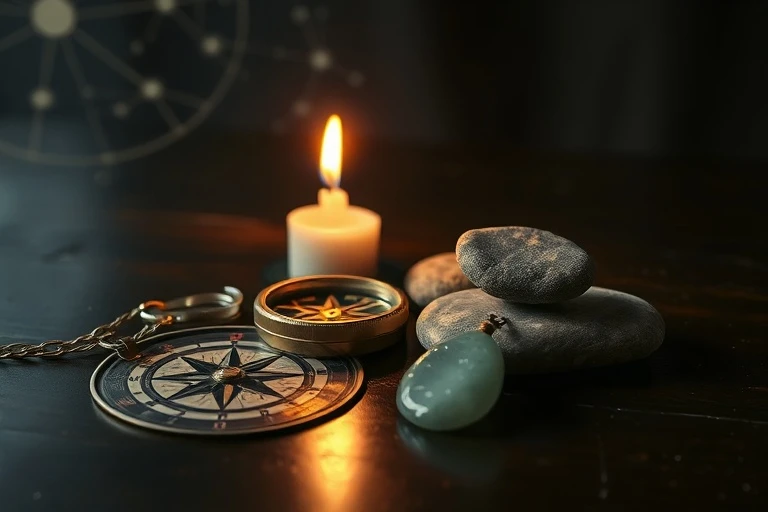 Una composición artística de herramientas de adivinación antiguas, incluyendo un compás de latón, piedras de río, un colgante de jade tallado y una vela parpadeante, sobre una mesa de madera oscura.