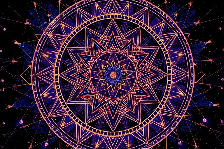 Arte digital abstracto que muestra patrones geométricos entrelazados en tonos azules, morados y dorados, con líneas de energía luminosas, sugiriendo conexiones cósmicas y fuerzas invisibles.