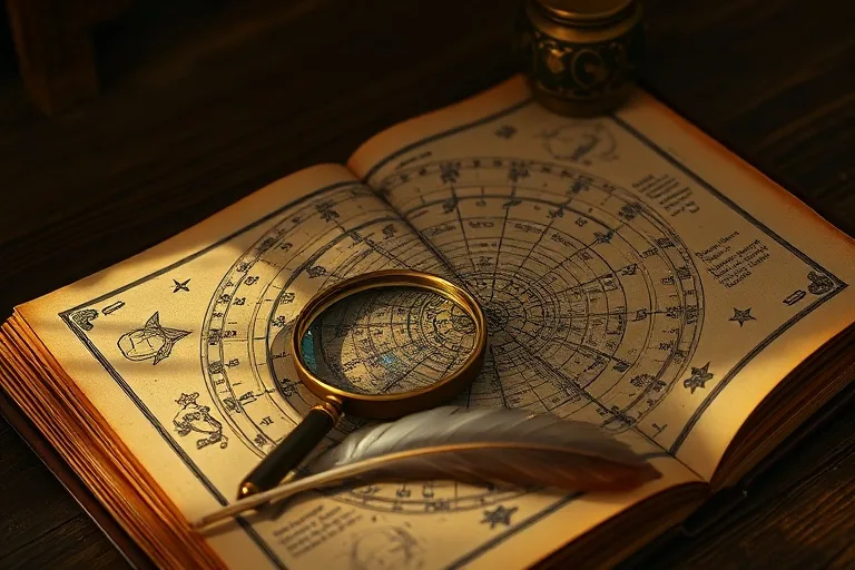 Antiguo almanaque astrológico abierto en una mesa de madera, con una lupa y una pluma, simbolizando el estudio profundo de la astrología.