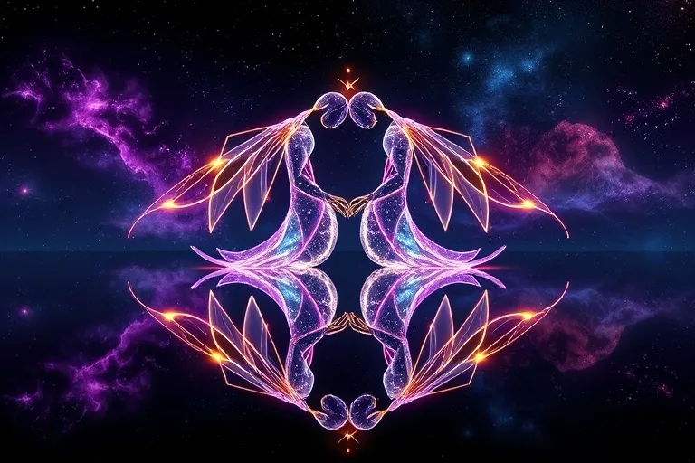 Ilustración 3D de dos figuras abstractas y translúcidas entrelazadas con líneas de energía luminosas, reflejadas en un estanque brillante, con un fondo cósmico.