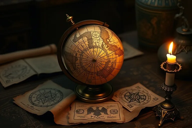 Bodegón cinematográfico de un antiguo globo celestial sobre un escritorio de madera, rodeado de pergaminos con símbolos astrológicos y sigilos angelicales, iluminado por una vela.