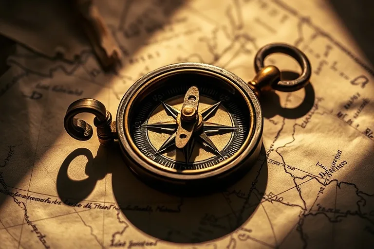 Fotografía cinematográfica de una brújula antigua de bronce apuntando al norte, sobre un mapa desgastado, con luz dramática.