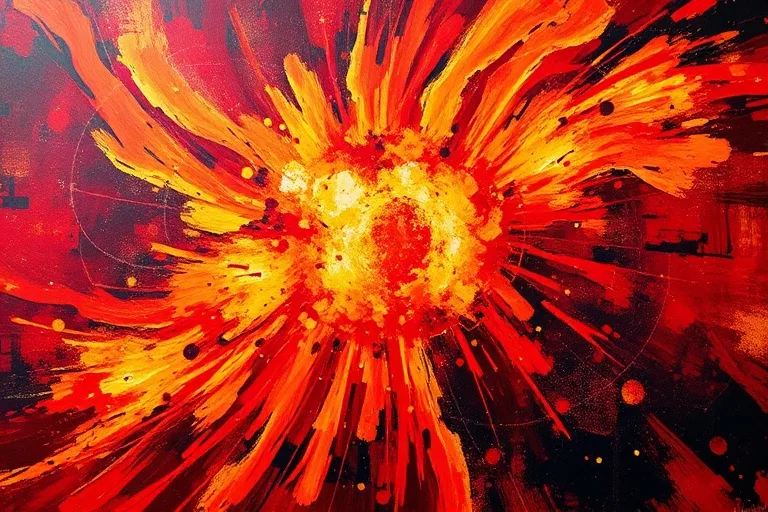 Pintura al óleo abstracta con pinceladas audaces en rojos, naranjas y amarillos, creando una sensación de movimiento dinámico y energía cruda.