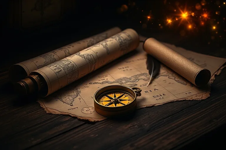 Fotografía de bodegón de una brújula antigua apuntando al norte sobre un escritorio de madera desgastado, rodeada de mapas viejos y una pluma de ave, con una iluminación de claroscuro dramática que simboliza la exploración y la dirección.