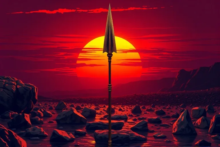 Pintura digital de una punta de lanza de bronce afilada y pulida, de pie en un terreno rocoso y árido, con un amanecer dramático que proyecta largas sombras, simbolizando el coraje, la iniciativa y el poder puro.