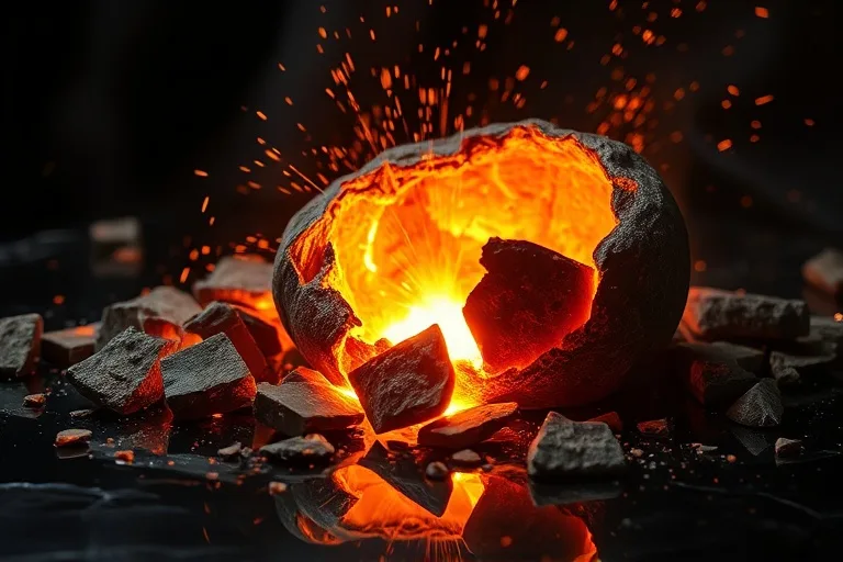 Vaso de cerámica roto del que escapan brasas y chispas brillantes, iluminando las grietas. Los fragmentos están sobre una superficie oscura, simbolizando la transformación. Fotografía macro.