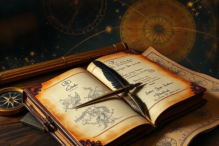 Pintura al óleo de un diario de viaje antiguo con un mapa, brújula y pluma, simbolizando el viaje de autodescubrimiento.