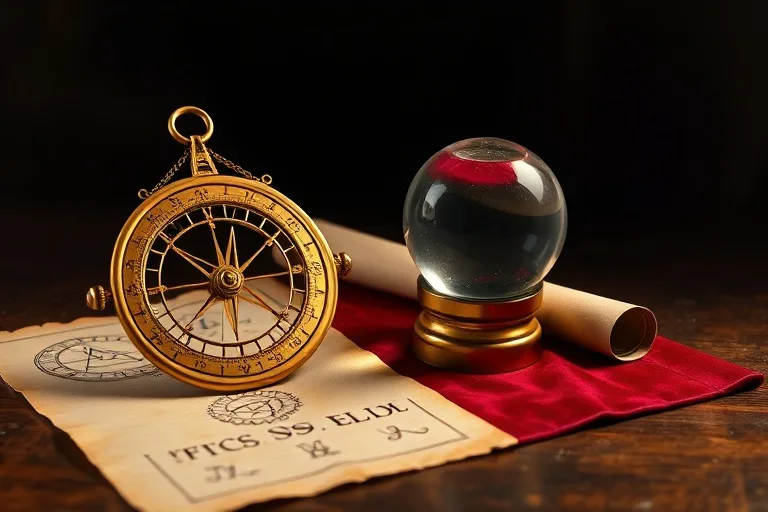 Fotografía de bodegón de herramientas astrológicas antiguas: un astrolabio de latón, un pergamino con glifos zodiacales y una bola de cristal, sobre terciopelo en un escritorio de madera.