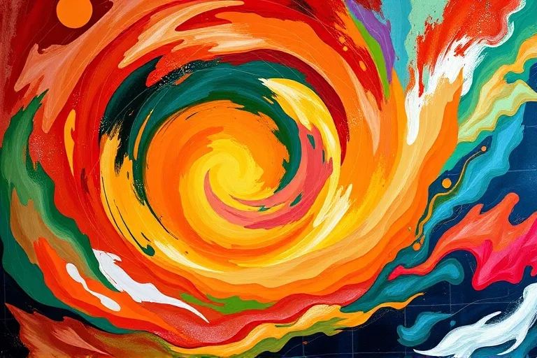 Pintura al óleo abstracta con un vibrante remolino de colores que representan los elementos (fuego, tierra, aire, agua), con formas animales sutiles emergiendo de las pinceladas.