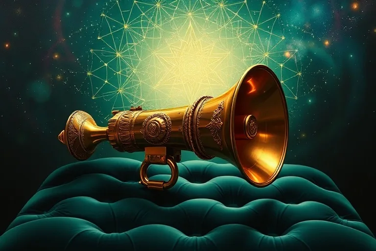 Pintura al óleo conceptual de un megáfono ornamentado de latón sobre un cojín de terciopelo, con un resplandor etéreo detrás.