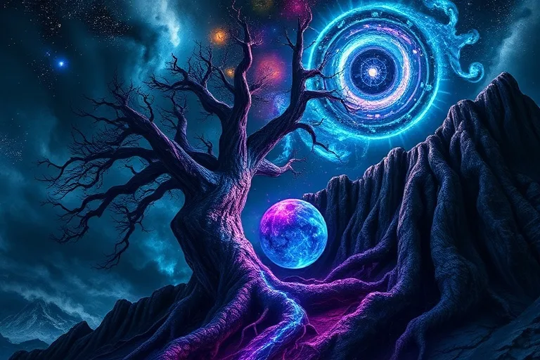 Pintura digital de un árbol nudoso en un acantilado, raíces profundas, cielo tormentoso con estrellas y una corriente de energía. Estilo dramático.