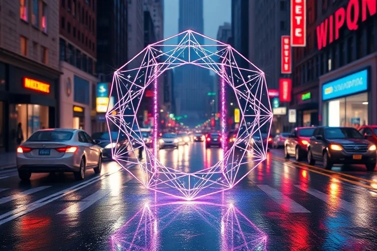 Ilustración 3D de un portal geométrico brillante en una calle concurrida, simbolizando la interfaz entre el ser y el mundo.