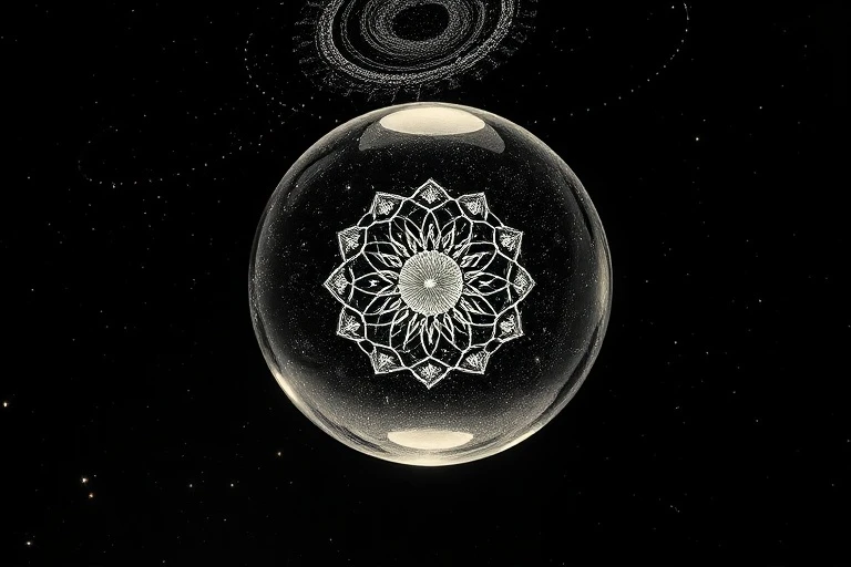 Esfera de cristal translúcida con patrón fractal interno, simbolizando la esencia del yo.