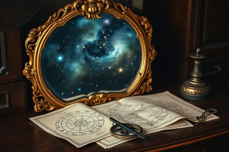 Naturaleza muerta cinematográfica: un espejo vintage ornamentado que refleja un patrón cósmico borroso, colocado sobre un tocador de madera antiguo con cartas astrológicas dispersas y una brújula antigua, simbolizando la autopercepción y la proyección externa.