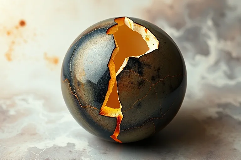 Arte conceptual de una esfera de cerámica rota pero reensamblada, unida por líneas doradas visibles (estilo kintsugi), simbolizando la curación y la integración de aspectos astrológicos desafiantes. El fondo es una nebulosa suave y etérea.