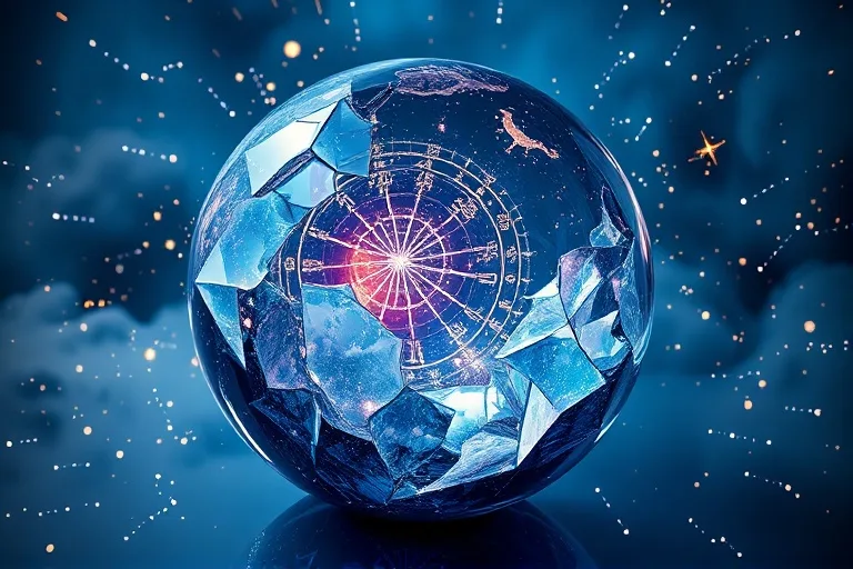 Renderizado 3D de una bola de cristal rota con reflejos fragmentados de escenas abstractas, rodeada de una niebla etérea, simbolizando lecciones kármicas y la evolución espiritual.