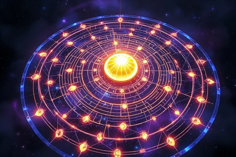 Intrincado laberinto digital 3D visto desde arriba, con caminos luminosos que representan elecciones de vida y karma, y un orbe central brillante como el alma.