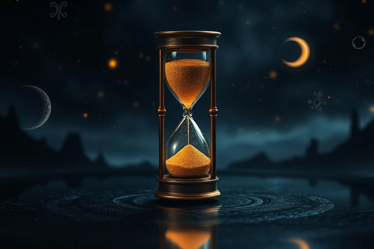 Delicado reloj de arena antiguo con arena dorada brillante, simbolizando el paso del tiempo y la reencarnación, rodeado de siluetas de símbolos antiguos y cuerpos celestes.
