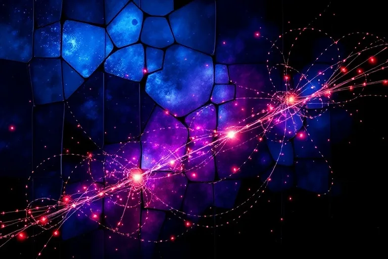 Arte Conceptual Abstracto de patrones de luz fragmentados creando conexiones sutiles y casi invisibles entre puntos distantes en un lienzo oscuro, representando influencias astrológicas no vistas, con tonos de azules profundos y púrpuras y un brillo etéreo.