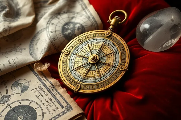 Fotografía macro de un antiguo astrolabio de latón sobre un cojín de terciopelo, rodeado de cartas celestes y pergaminos iluminados por la luz de la luna.