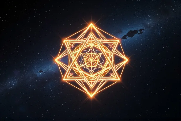 Renderizado 3D conceptual de formas geométricas entrelazadas que simbolizan los aspectos planetarios, flotando en un espacio cósmico oscuro con estrellas.