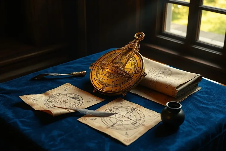 Astrolabio de latón antiguo sobre un escritorio de terciopelo, con pergaminos y una pluma, bajo la luz de la luna.