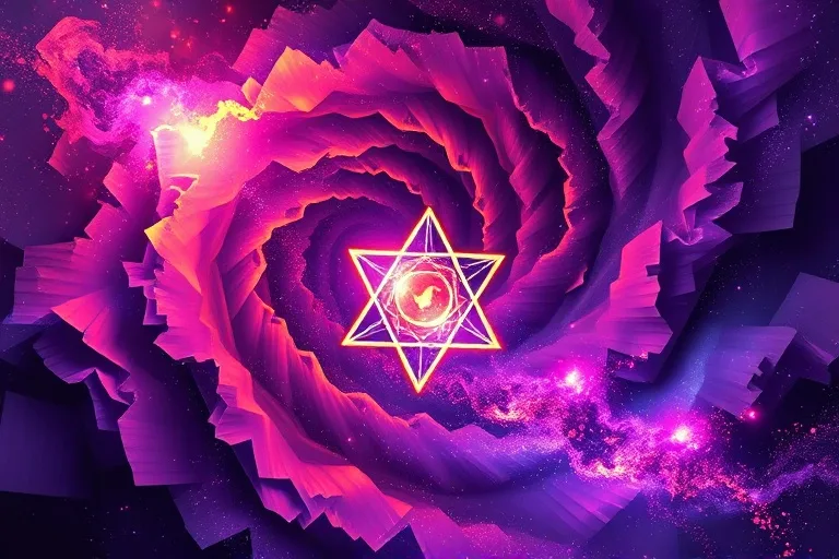 Vórtice de polvo cósmico y nebulosas formando patrones abstractos con estructuras cristalinas interconectadas, en tonos vibrantes.