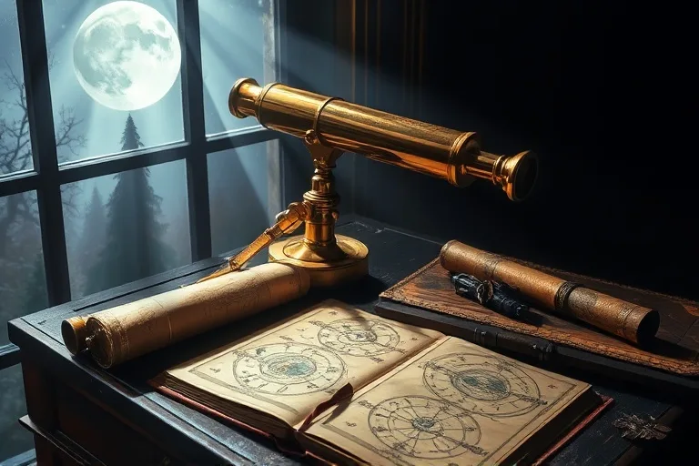 Naturaleza muerta de un telescopio antiguo de latón sobre un escritorio de madera, rodeado de mapas estelares y un libro de astrología abierto. La escena está iluminada por la luz de la luna, creando sombras dramáticas.