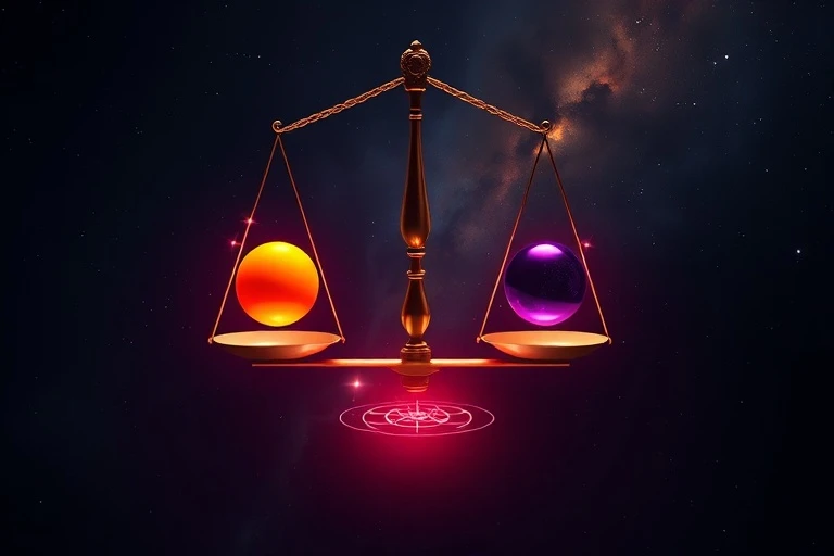 Arte conceptual de una balanza perfectamente equilibrada con dos orbes brillantes, uno naranja y otro violeta, en cada platillo. La balanza flota en un vacío cósmico con líneas de energía sutiles, simbolizando tensión y equilibrio.