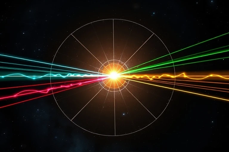 Arte conceptual de cuatro líneas de energía luminosas que representan los puntos cardinales, convergiendo en un centro brillante.