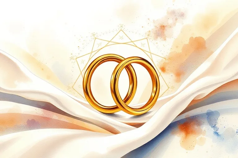 Pintura abstracta en acuarela de dos anillos dorados entrelazados sobre seda, con un velo de novia sutil en el fondo.