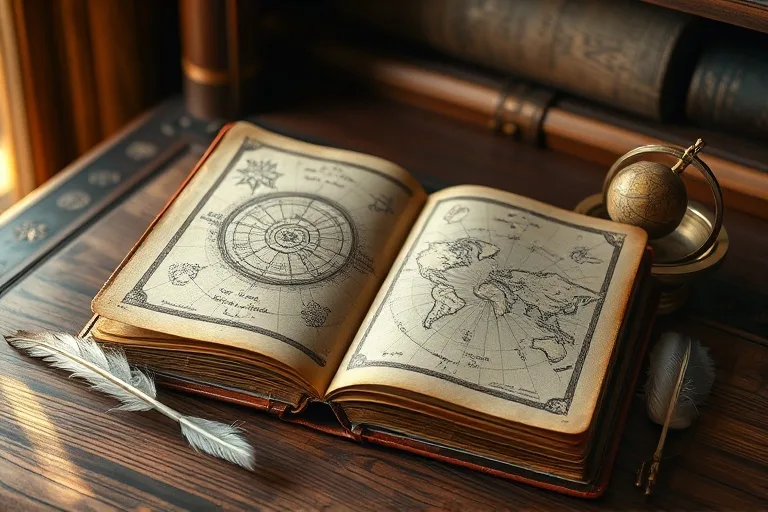Un diario de viaje de cuero abierto con símbolos planetarios dibujados a mano y un mapa descolorido, sobre un escritorio antiguo con una pluma y un globo terráqueo.