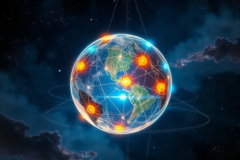 Representación abstracta de nodos de energía globales con corrientes de luz pulsantes que resaltan puntos geográficos, sobre un fondo cósmico.