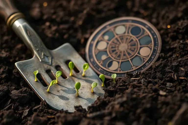Fotografía macro de una pala de jardinería antigua sobre tierra oscura, rodeada de semillas germinando y un calendario lunar de madera.