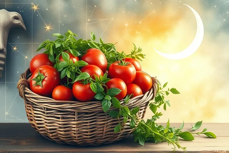 Pintura de acuarela de tomates maduros y hierbas verdes en una cesta rústica, bajo una suave luna creciente.