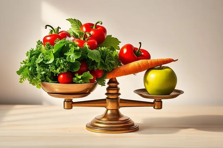 Bodegón de verduras frescas y una balanza, simbolizando el equilibrio nutricional