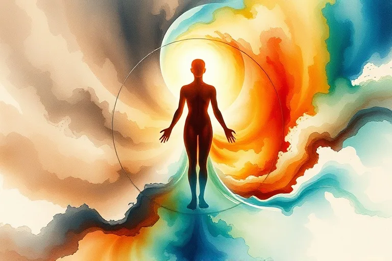 Pintura acuarela abstracta de los cuatro elementos fusionándose en una figura humana