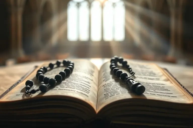 Primer plano de un breviario antiguo abierto con un rosario de madera, simbolizando la oración y la penitencia en las revelaciones marianas.