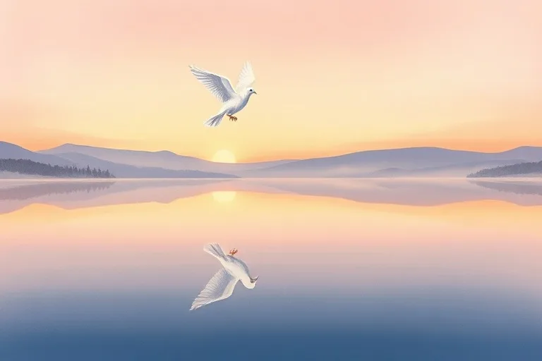 Pintura al óleo de un lago sereno al amanecer con una paloma blanca volando, simbolizando paz y esperanza en el contexto de mensajes marianos.