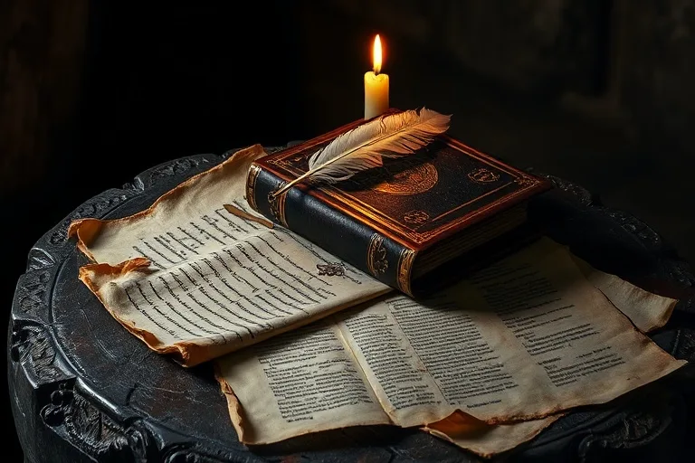 Antiguos pergaminos, una pluma de ave y un libro de cuero sobre una mesa rústica con luz de vela